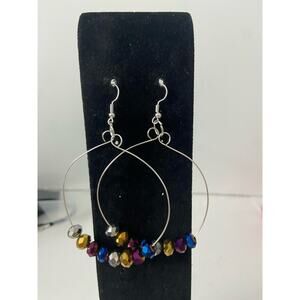 Metallic rainbow glass bead dangle earrings silver tone
